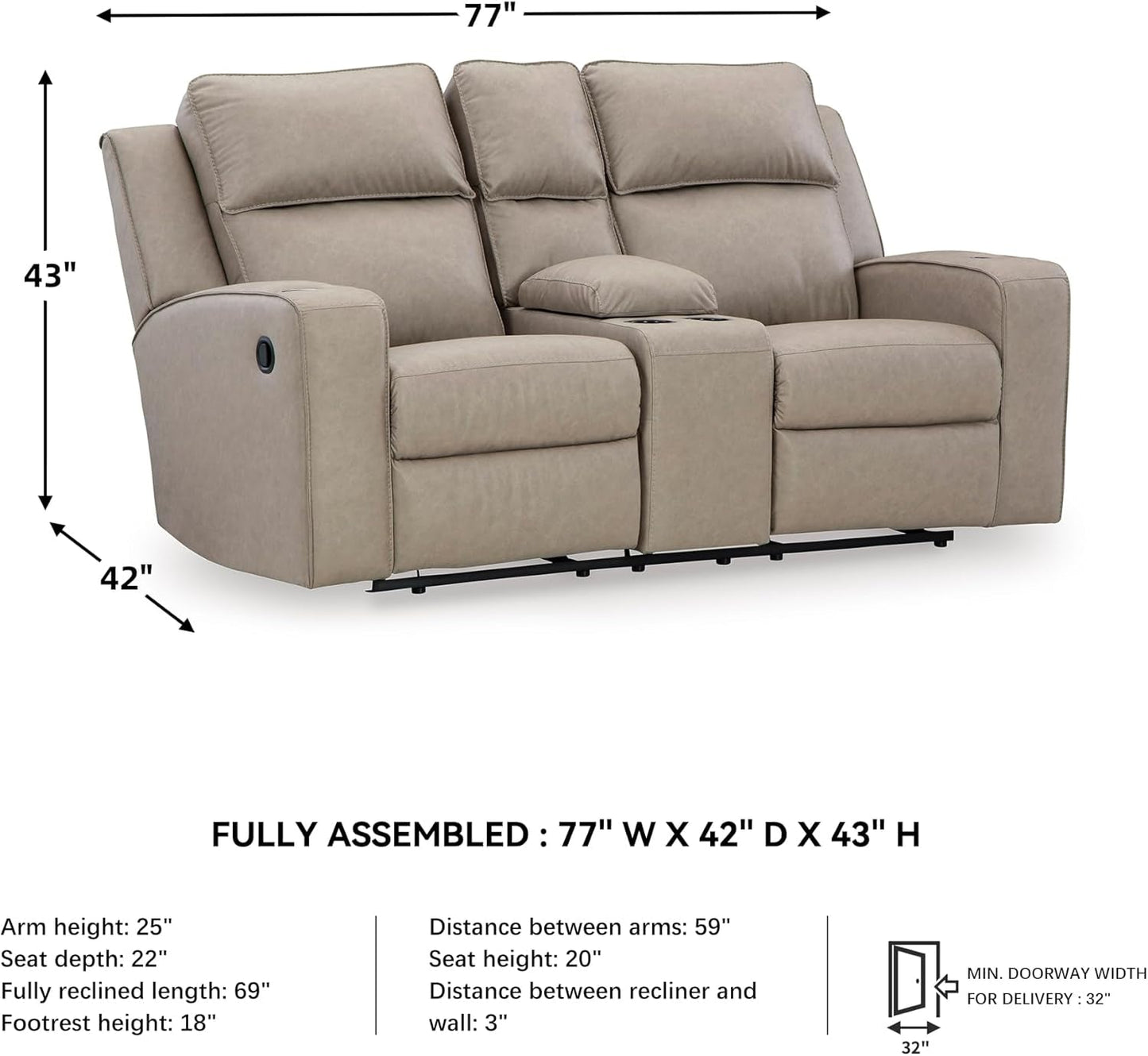 Manual Reclining Faux Leather Loveseat Beige Cupholders