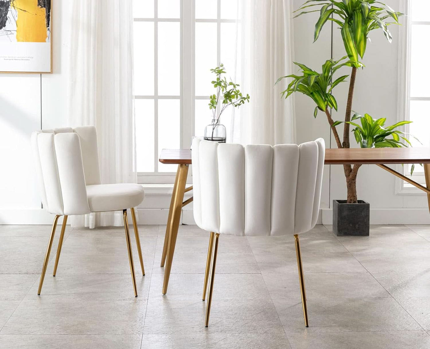 Cream Velvet Upholstered Dining Chairs Goldtone Legs