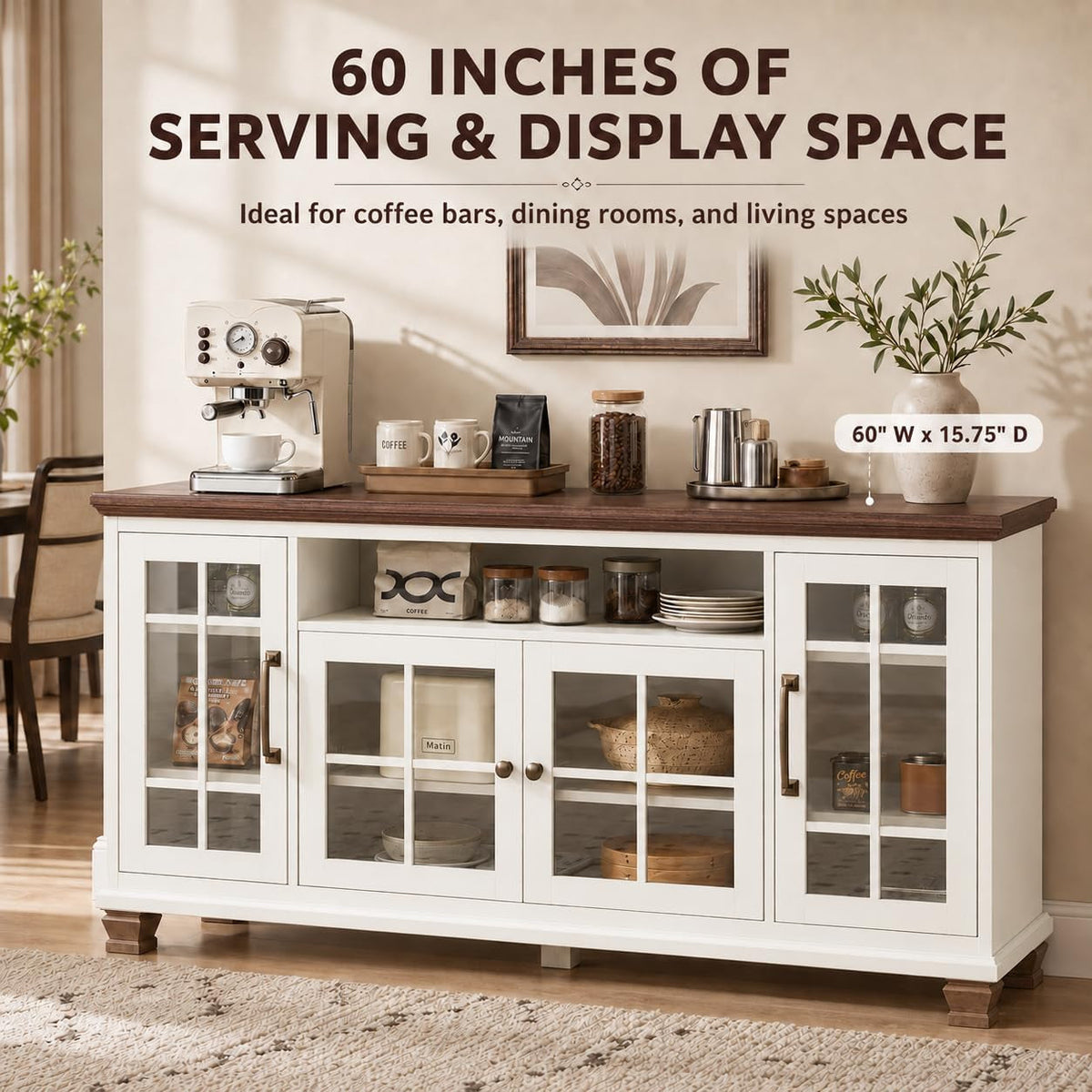 Large 60 Inch Vintage White Sideboard Buffet Cabinet