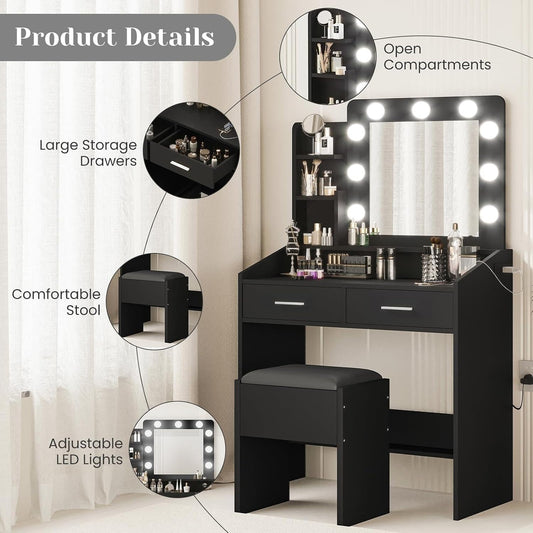 Black Vanity Table Set With Illuminated Dimmable LED