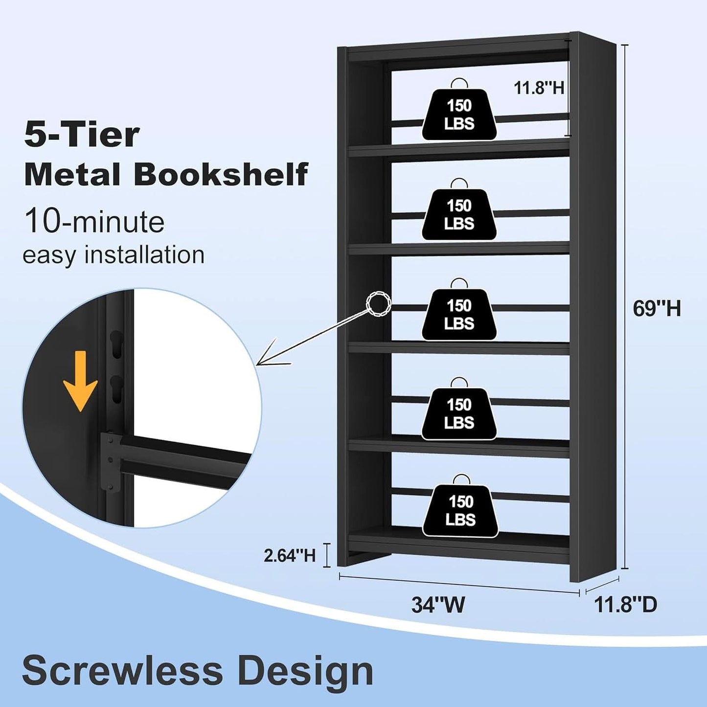 All Metal Five Tier Bookcase Matte Black Industrial
