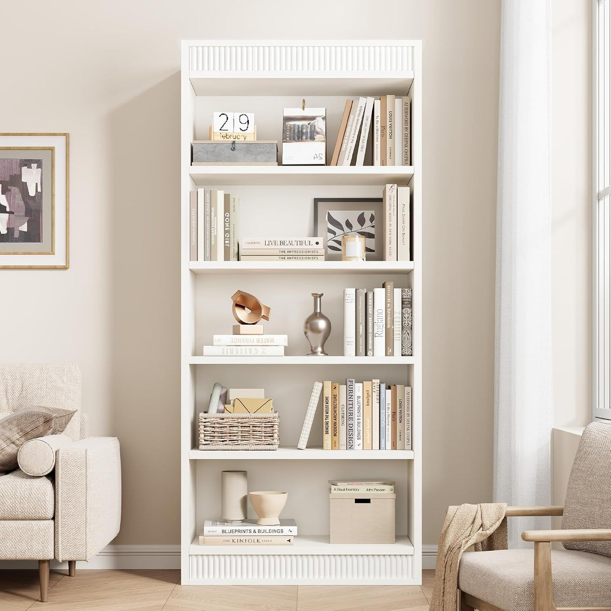 White Five Tiered Farmhouse Bookcase Double Fluted