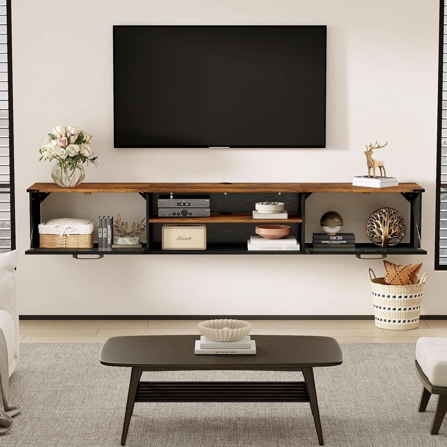 Seventy Inch Floating TV Stand Featuring Doors Black
