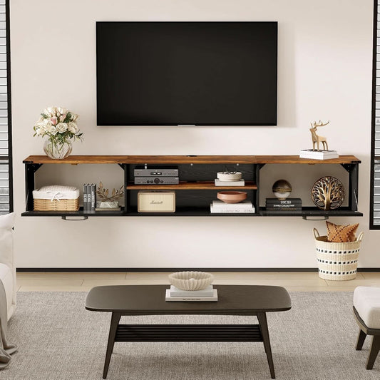 Seventy Inch Floating TV Stand Featuring Doors Black