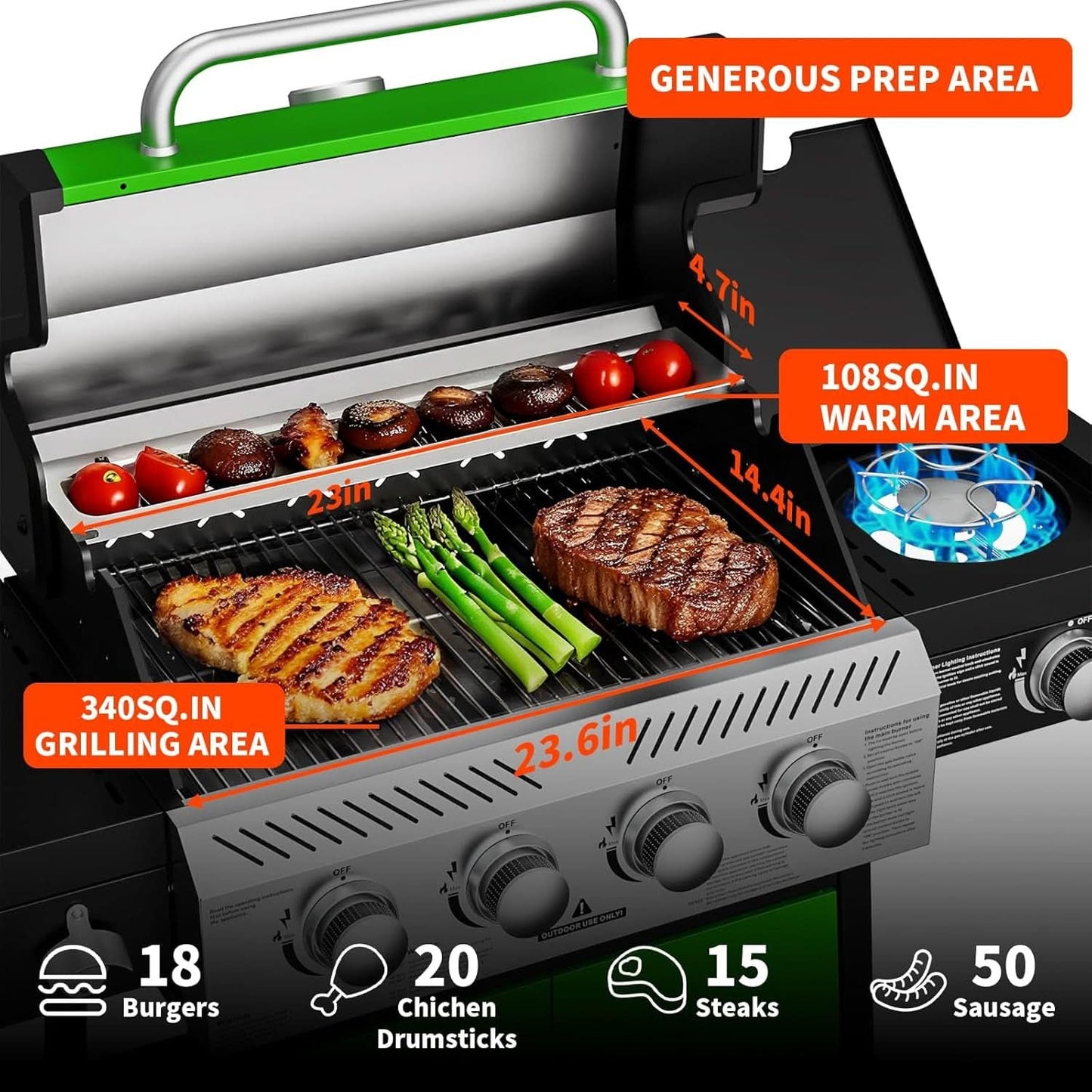 Green Four Burner Propane Stainless Barbecue Grill