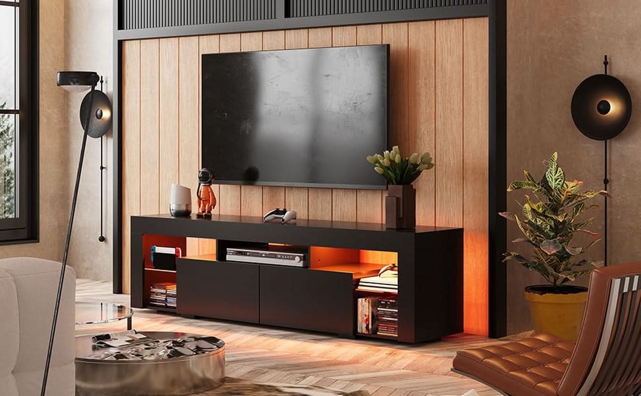 63 Inch Black LED TV Stand With 2 Drawers For Living Room-1