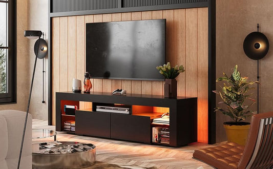 63 Inch Black LED TV Stand With 2 Drawers For Living Room-1