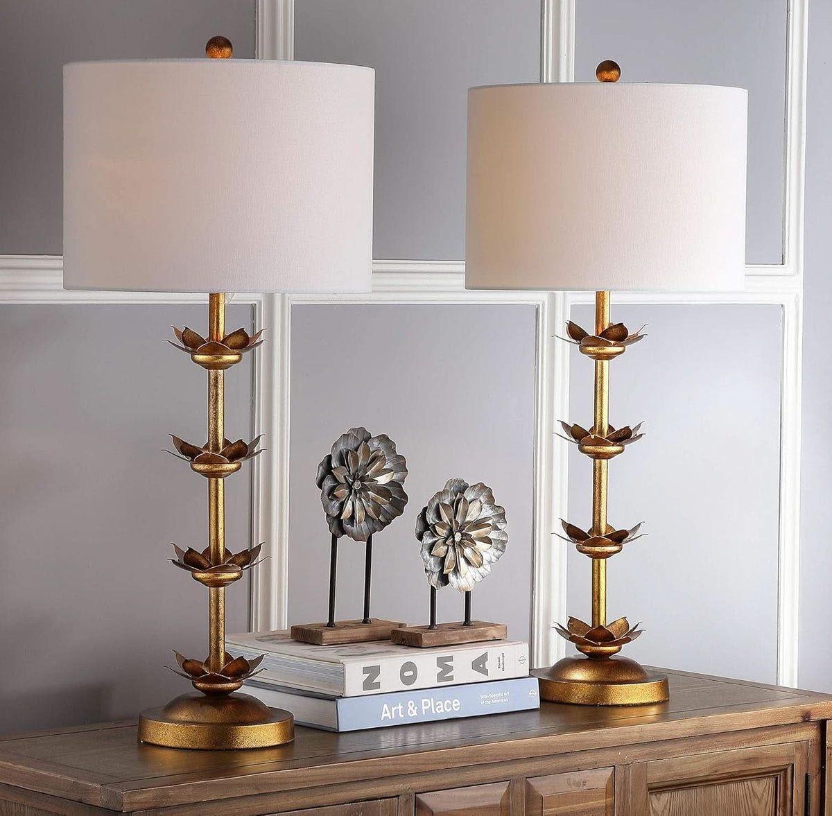 Antique Gold Leaf 32-Inch Table Lamps with White Drum Shade, Set of 2