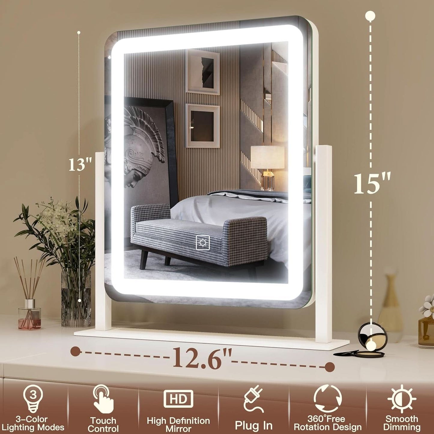 LED Lighted Vanity Mirror 15x12.6 Inches Adjustable