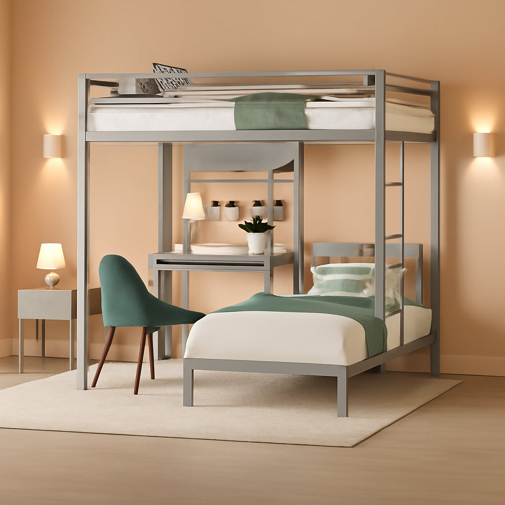 Twin Over Twin Metal Loft Bunk Bed With Desk LED Storage Drawers