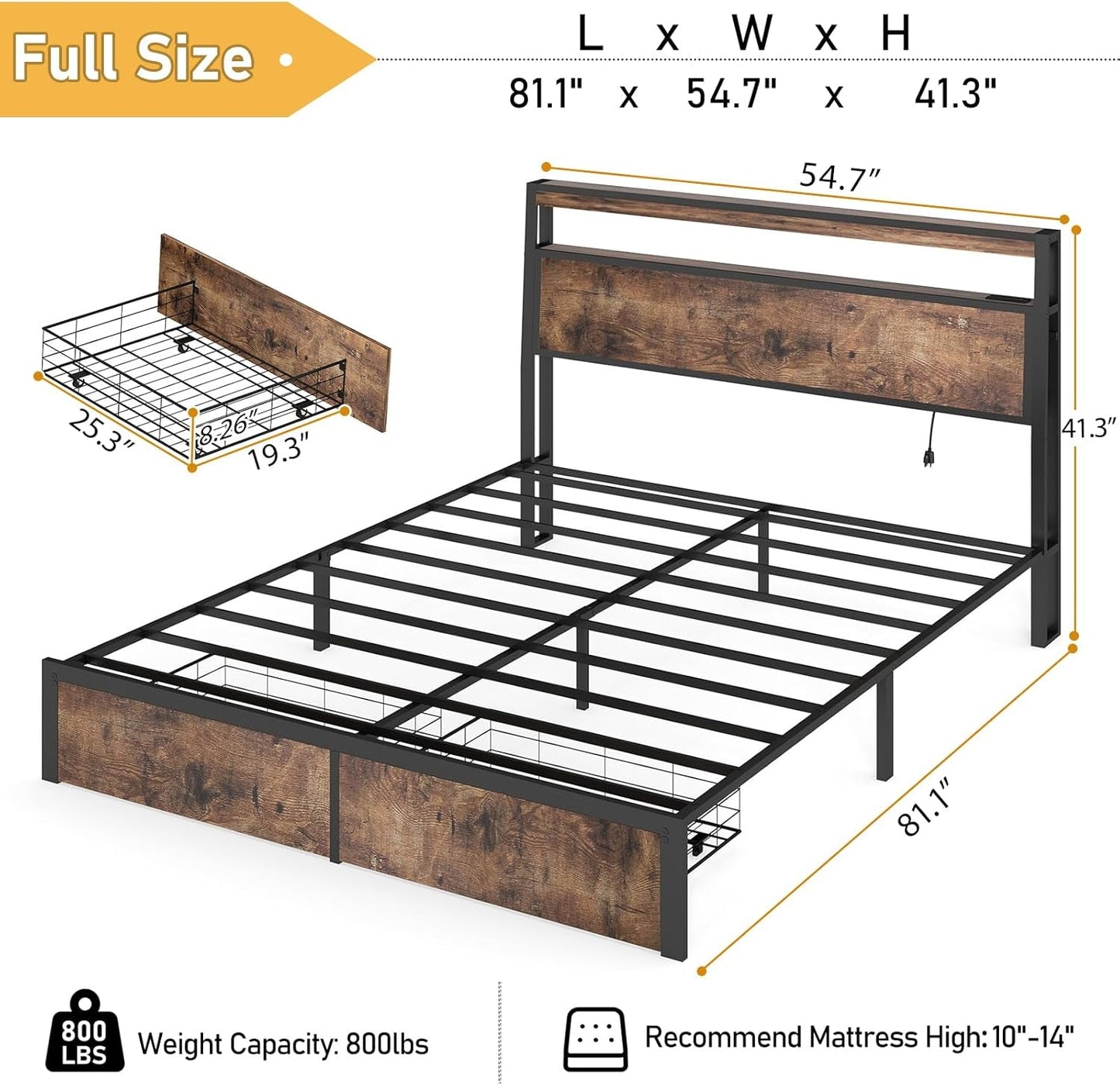 Full Size Bed Frame With Storage Drawers Charging Station