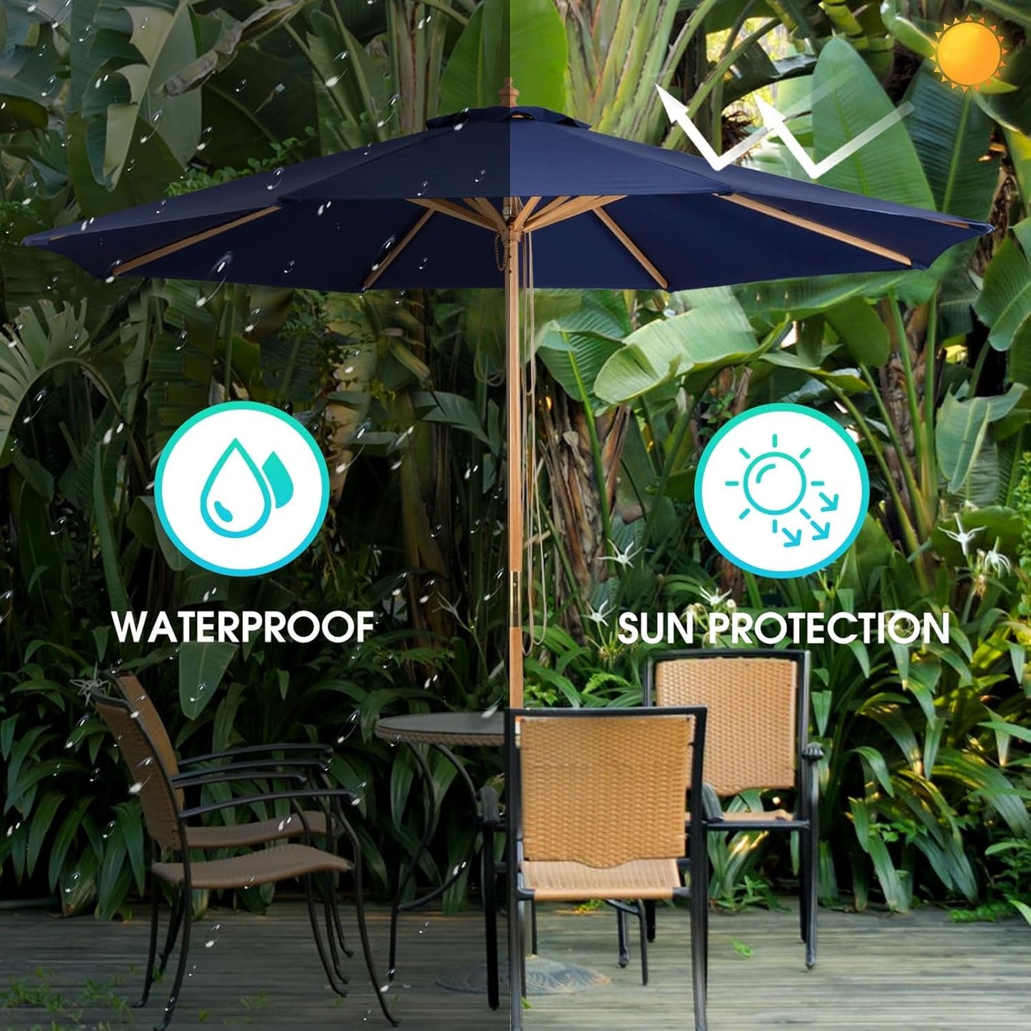 9ft Bamboo Outdoor Patio Umbrella Pulley Lift Market Umbrella