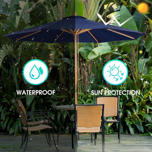 9ft Bamboo Outdoor Patio Umbrella Pulley Lift Market Umbrella