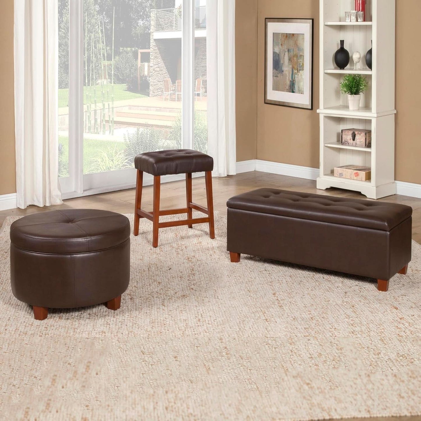 Round Leatherette Storage Ottoman Chocolate Brown Large