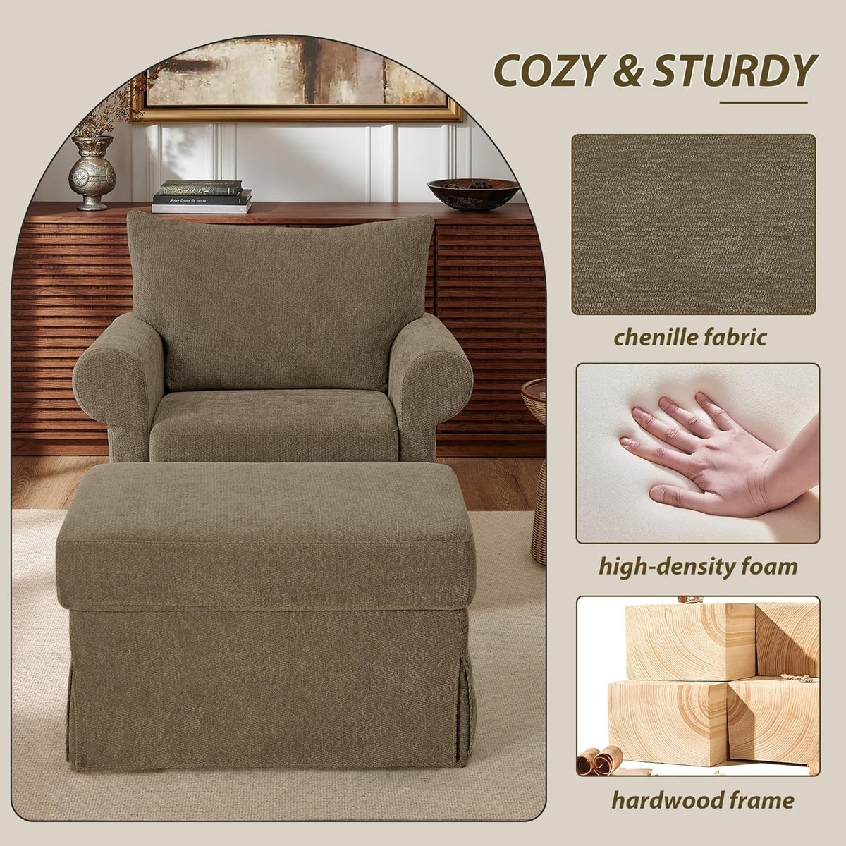 Brown Chenille Accent Chair With Substantial Ottoman