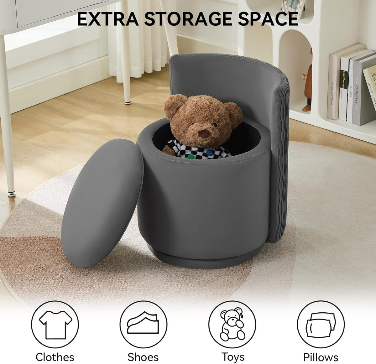 Charcoal Gray Velvet Vanity Chair Swivel Mechanism