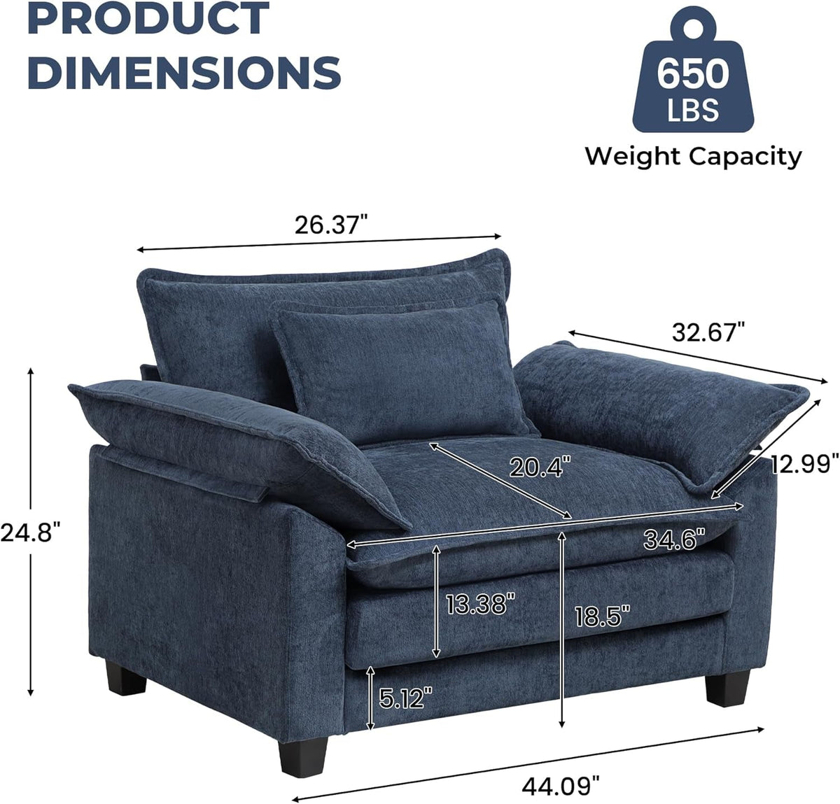 Oversized Chenille Accent Chair Blue DeepSeat Cushioned