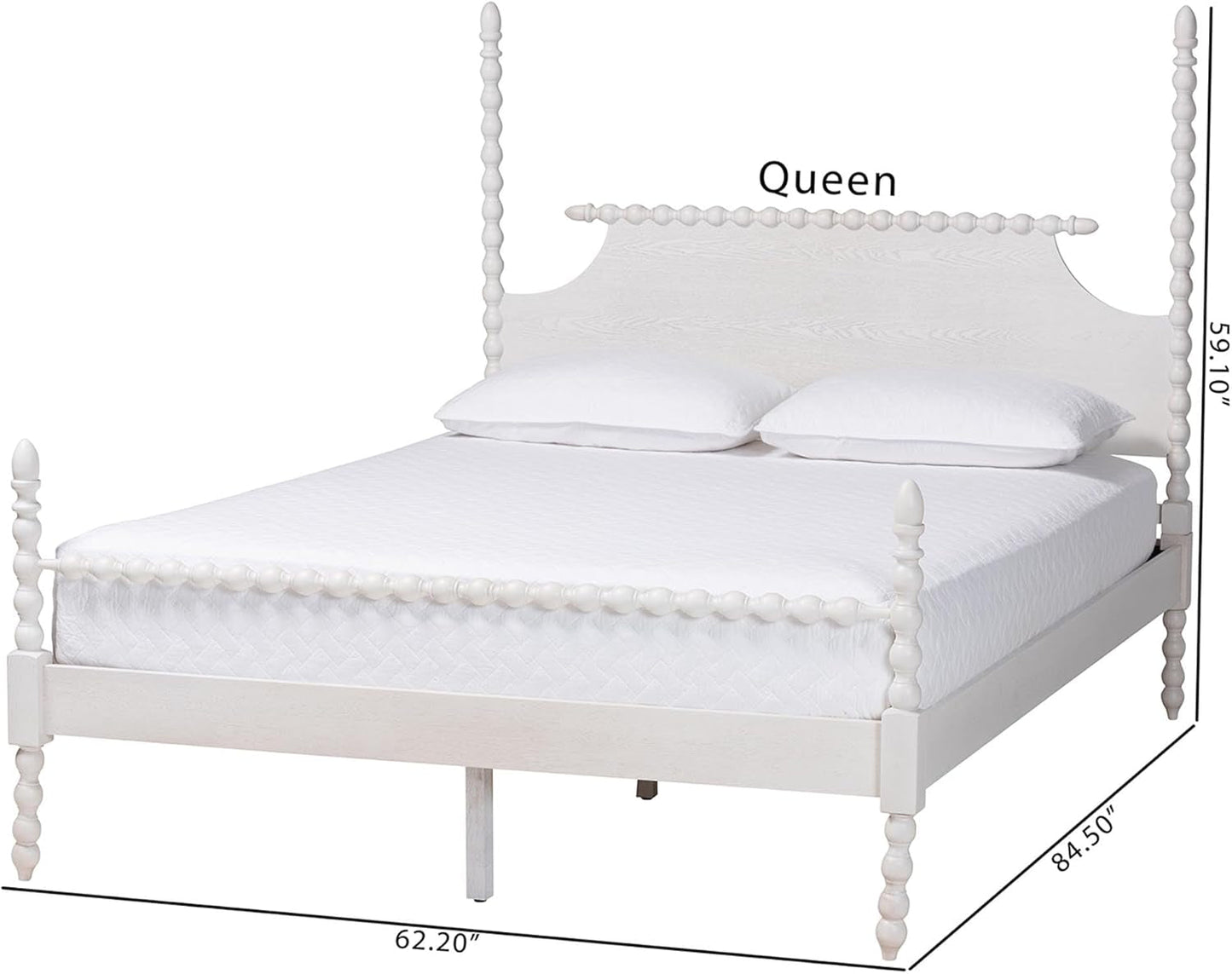 Four-Poster Platform Bed White Queen Spindle Posts-2