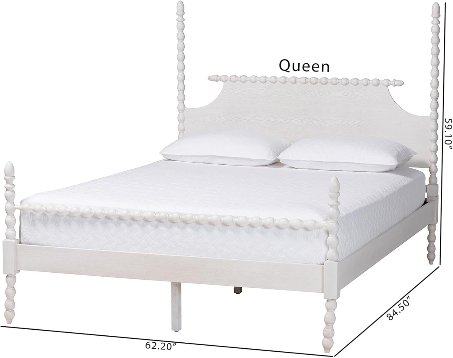 Four-Poster Platform Bed White Queen Spindle Posts-2