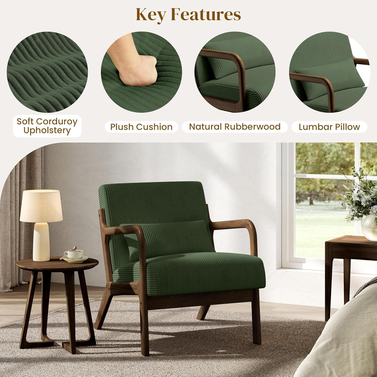 Corduroy Accent Chair Dark Green Midcentury Upholstery