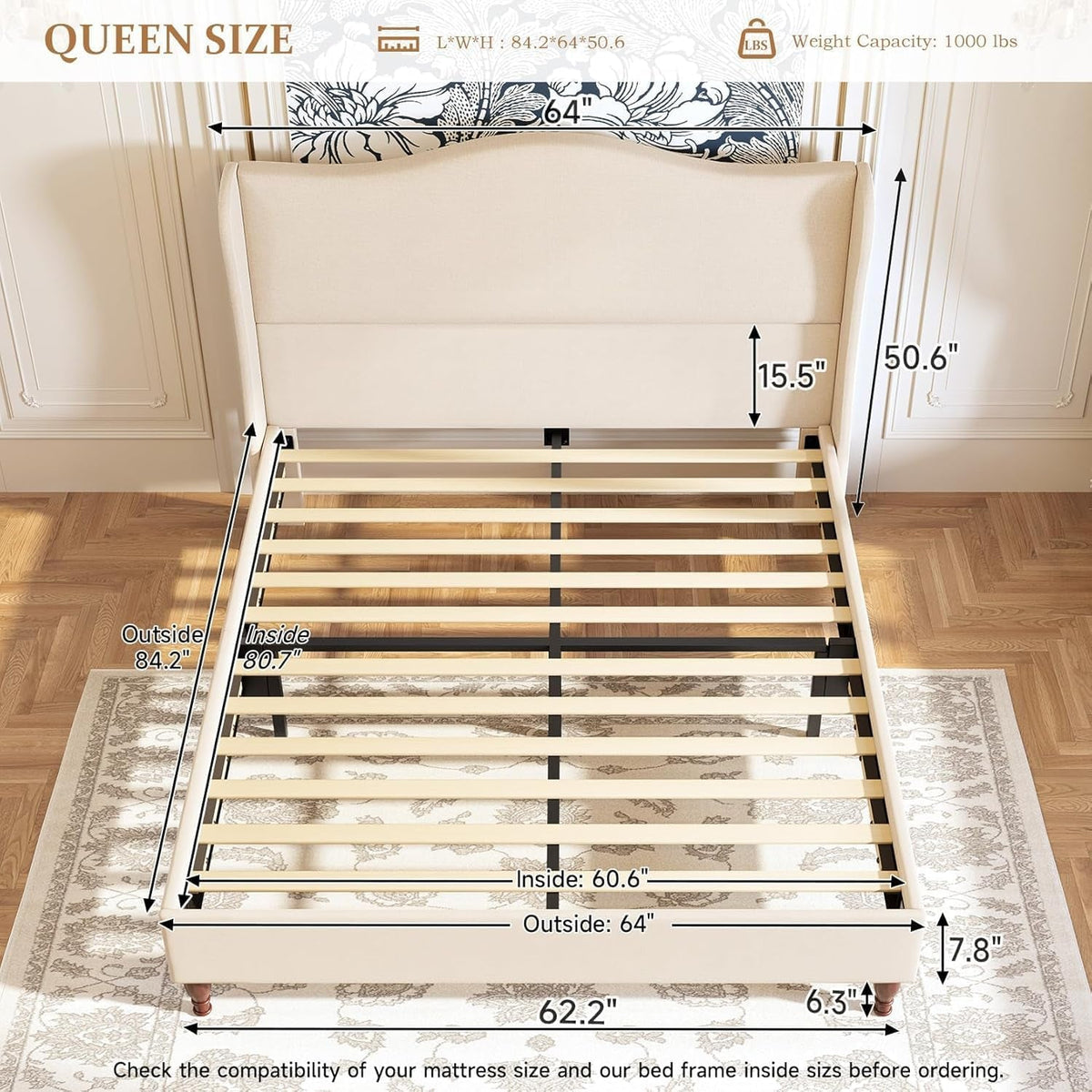 Queen Size Upholstered Platform Bed Beige Wing back