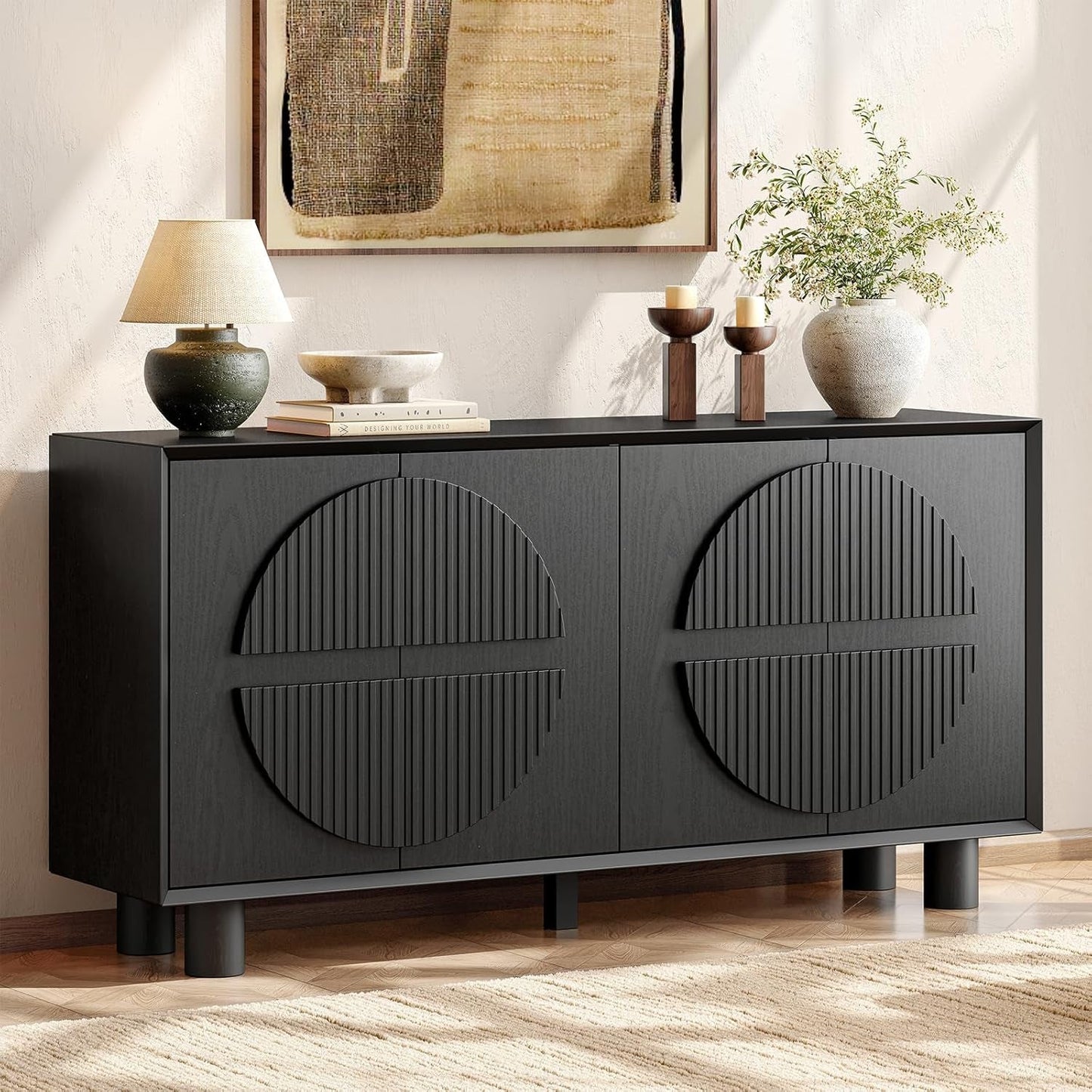 Black Fluted Buffet Cabinet With Storage Compartments