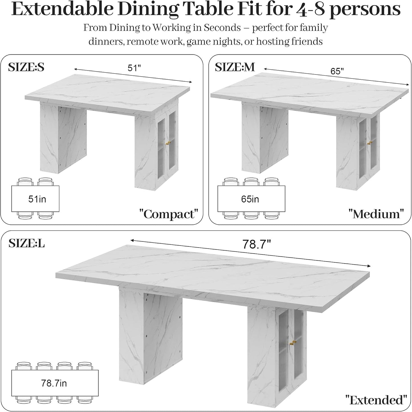 Extendable Dining Table White Marble Storage Compartment