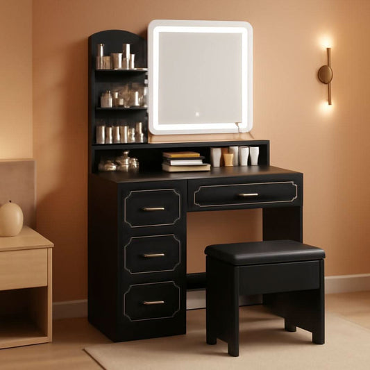 Black Vanity Table With Illuminated Mirror Outlets-0