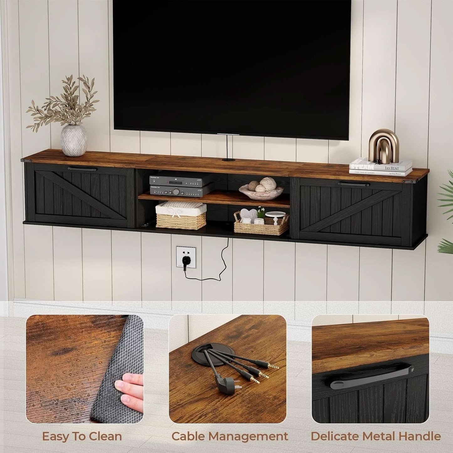 Seventy Inch Floating TV Stand Featuring Doors Black