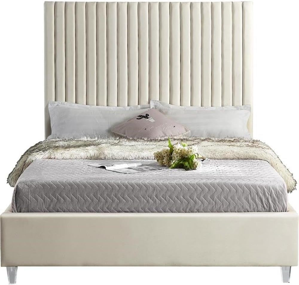 Queen Velvet Upholstered Bed Cream Acrylic Legs Tufting