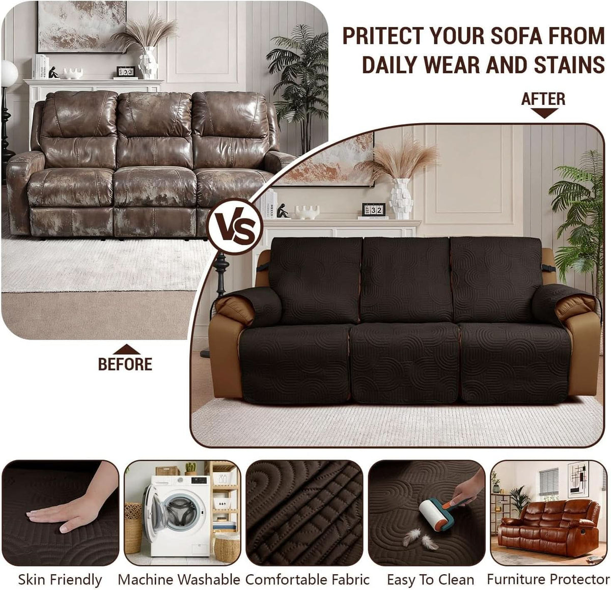 Recliner Sofa Slipcover 3 Seater Chocolate Waterproof