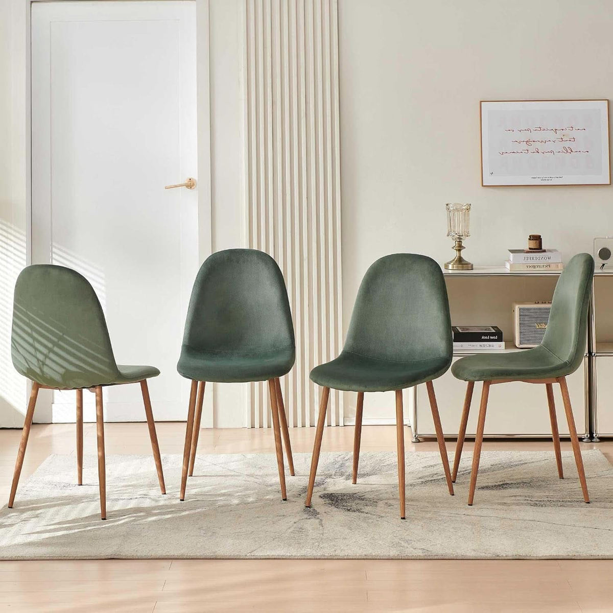 Four Green Velvet Upholstered Dining Chairs Collection