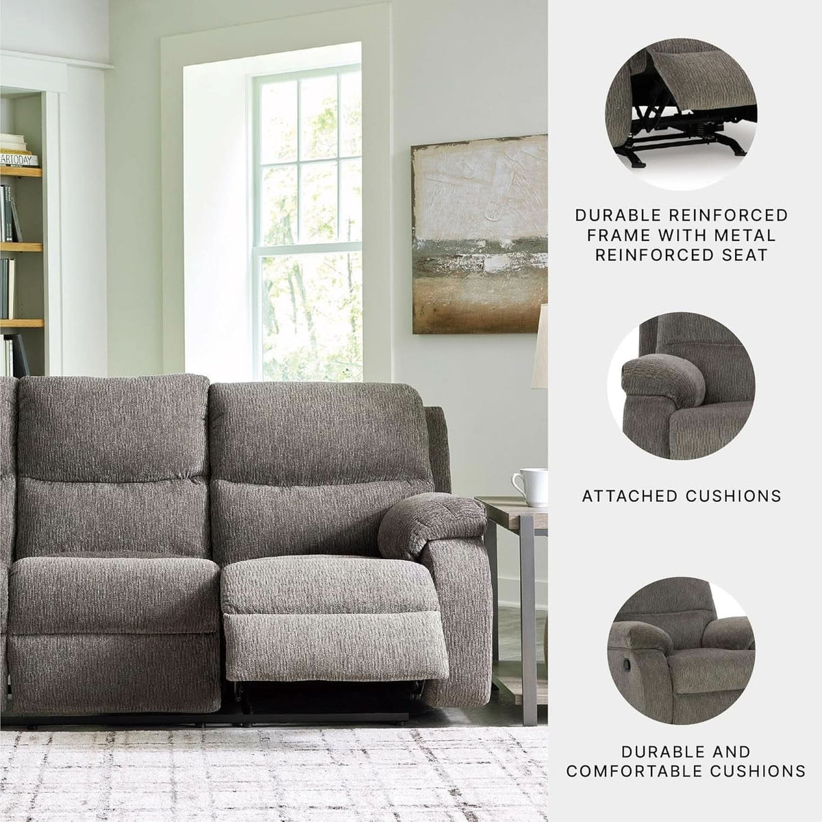 Contemporary Manual Reclining Sofa Gray Upholstery