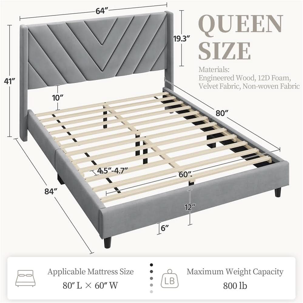 Queen Upholstered Bed Frame With Winged Tufted Headboard Light Gray