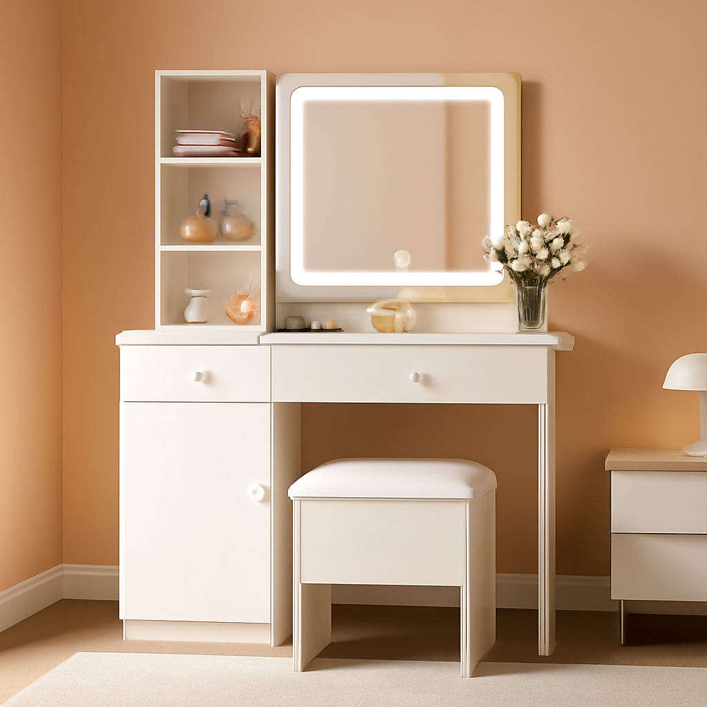 White Vanity Desk Illuminated Mirror Storage Cabinet-0