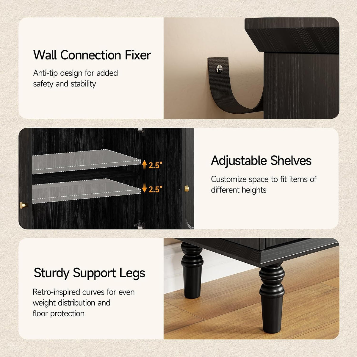 63 Inch Smoky Black Buffet Cabinet Adjustable Shelves