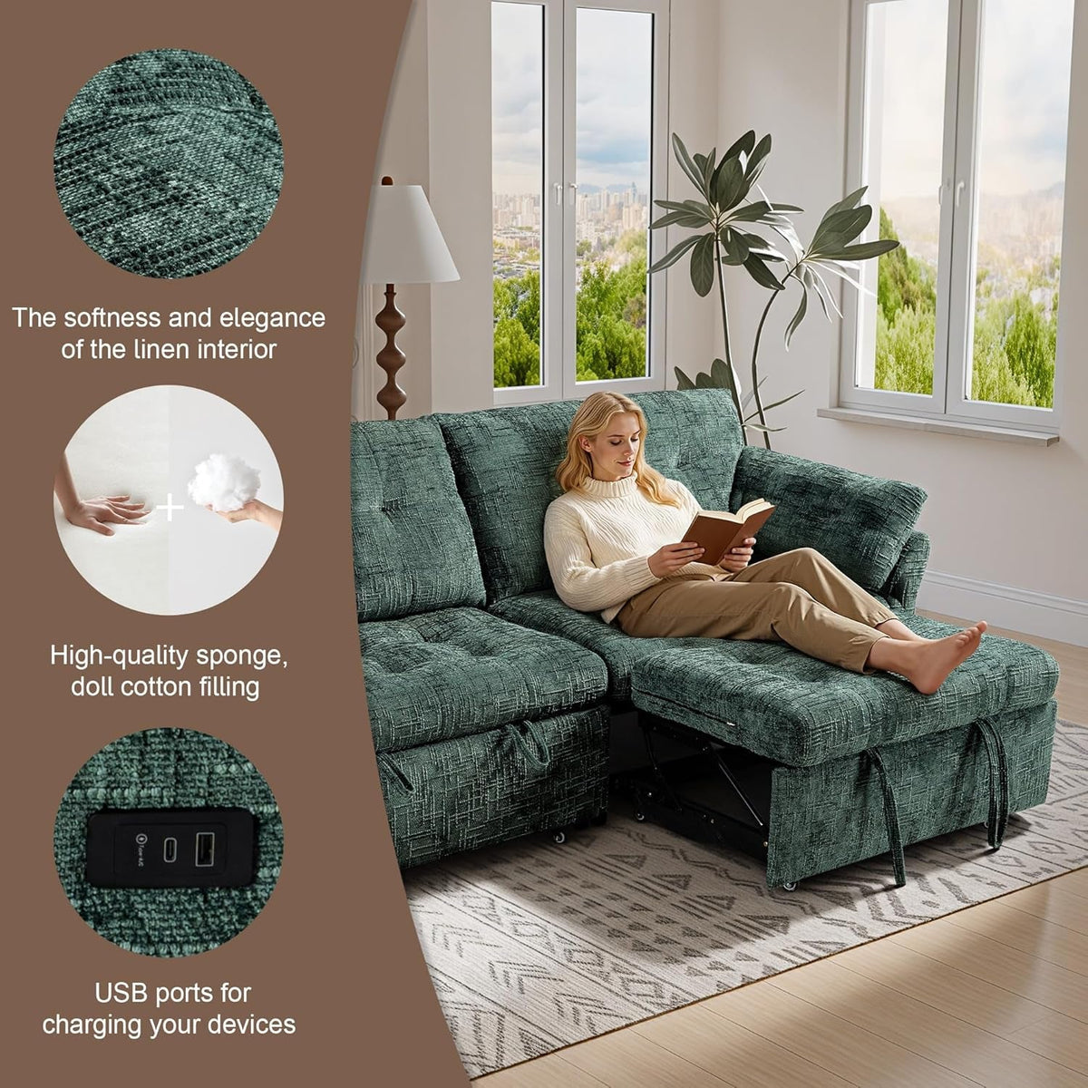 Green 3-Seater Modular Convertible Sleeper Sofa USB