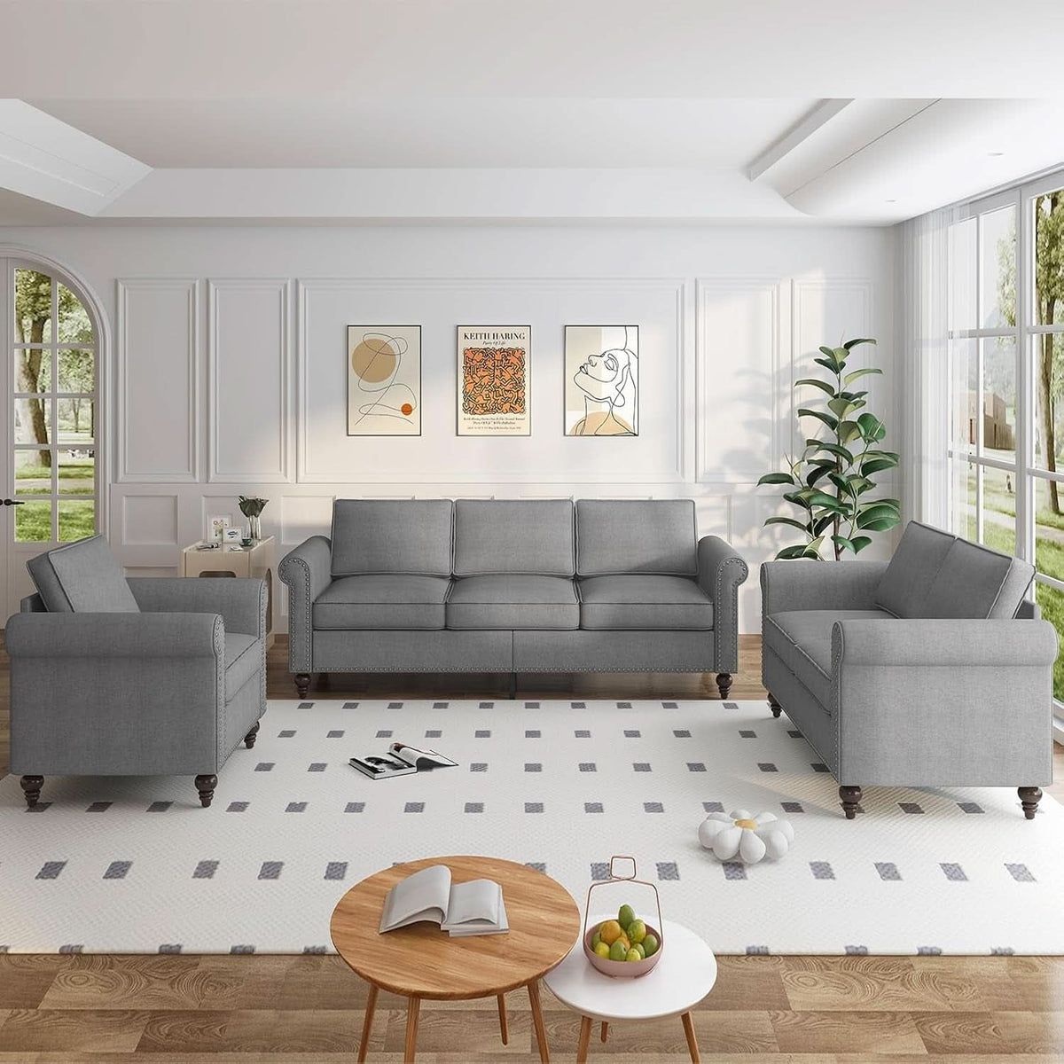Light Grey Small Space Living Room Couch Set With Loveseat-3