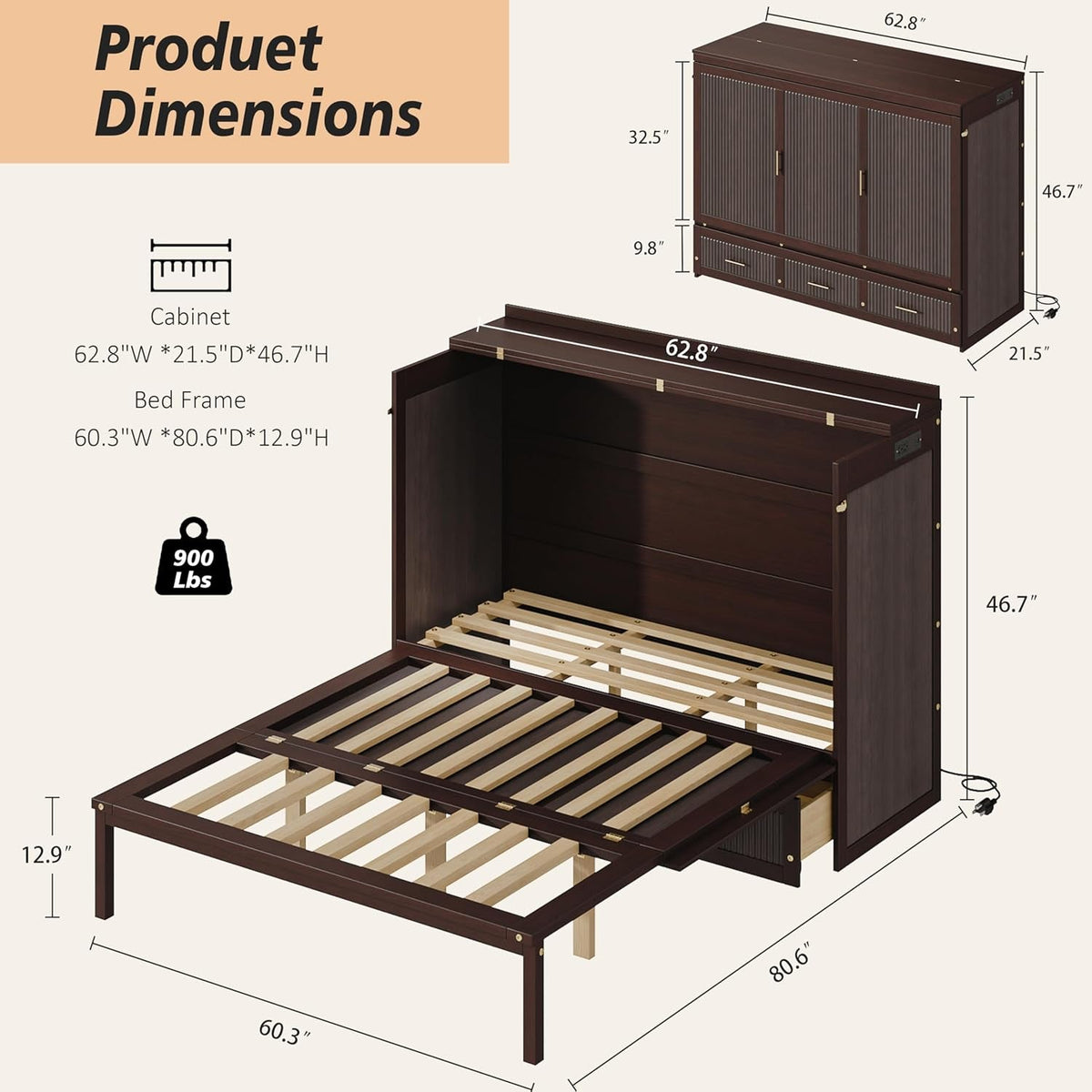 Queen Murphy Bed Cabinet With Hidden Storage Drawers