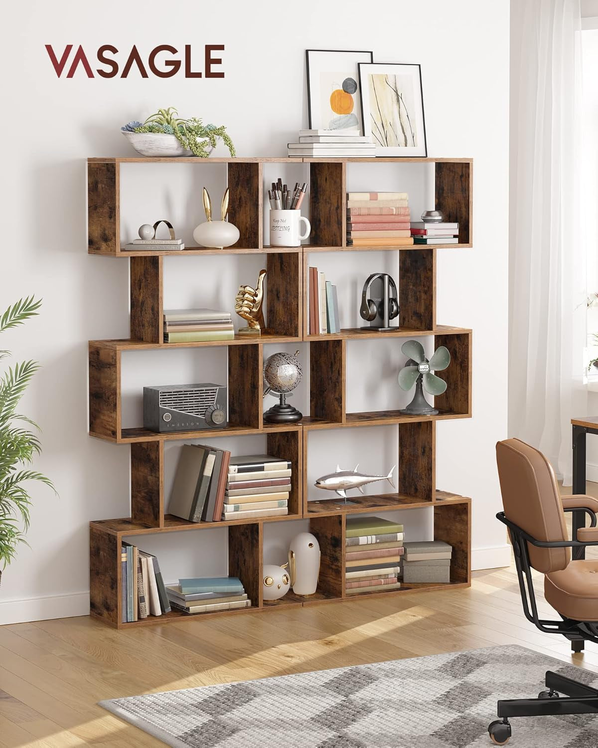 Rustic Brown Vertical Freestanding Bookcase 5 Tier