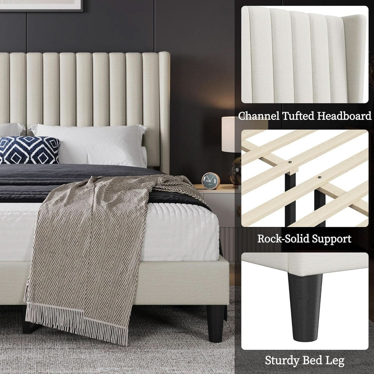 Queen Upholstered Platform Bed With Beige Headboard
