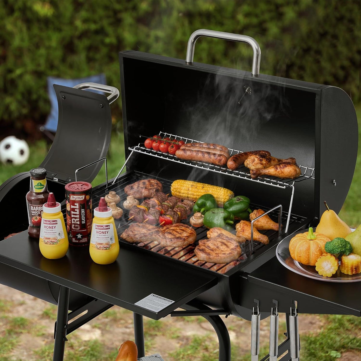 Black PorcelainEnamelCoated Barrel Charcoal Grill Offset Smoker