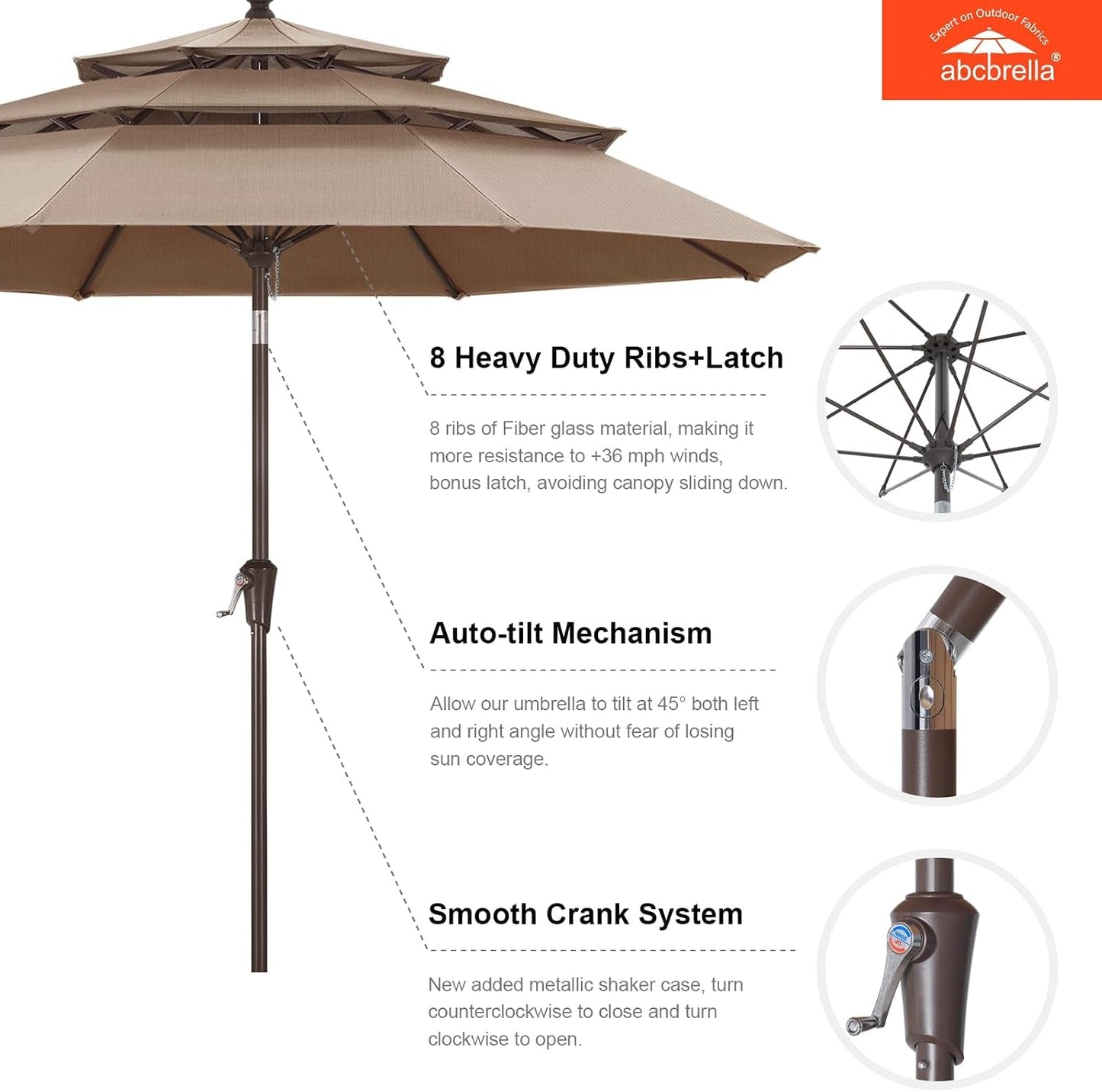 9ft 3 Tier Patio Umbrella Weather Resistant Fabric Khaki