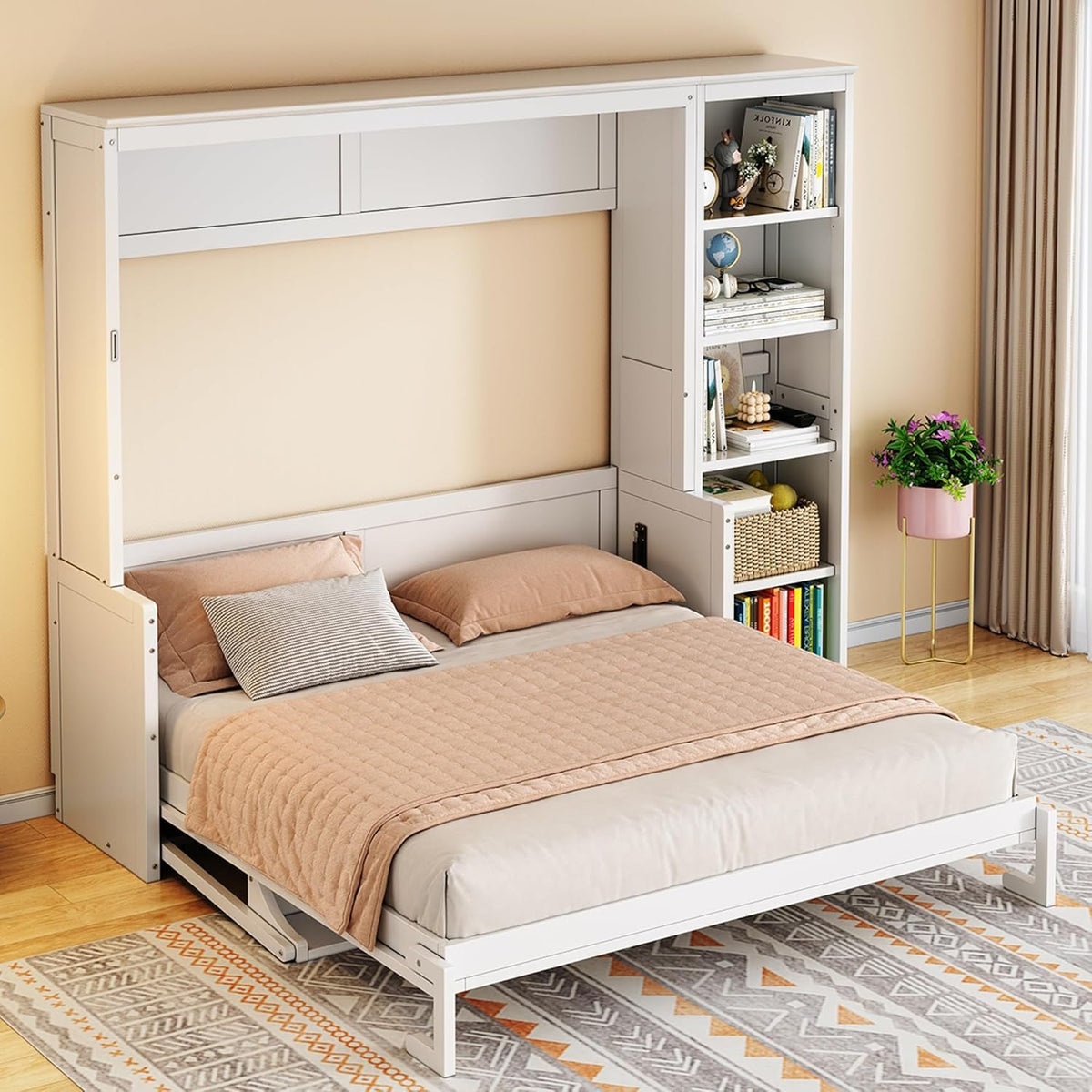 Queen Murphy Desk Bed White With Integrated Shelving-3