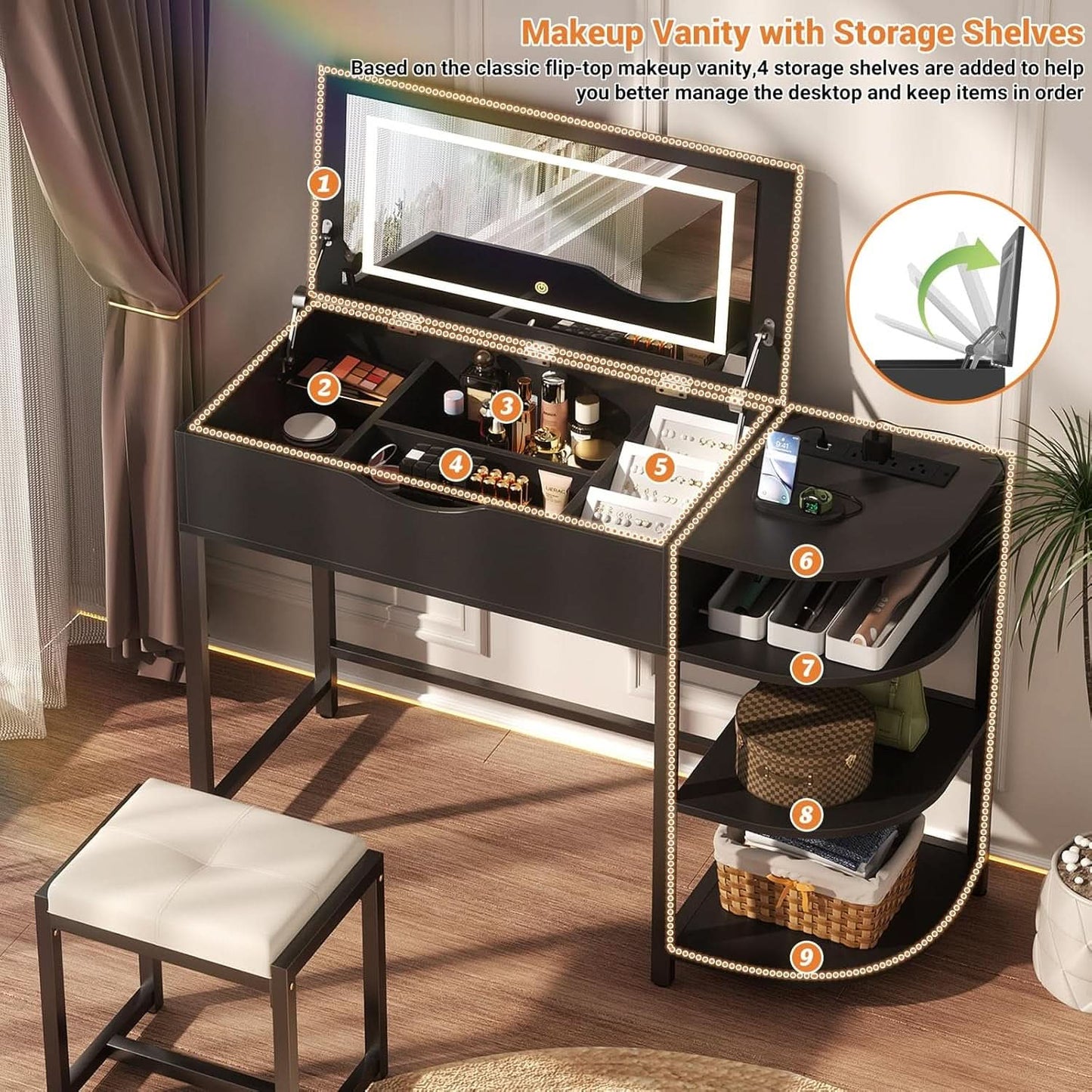 Black Vanity Desk With Multifunctional Ambient Mirror