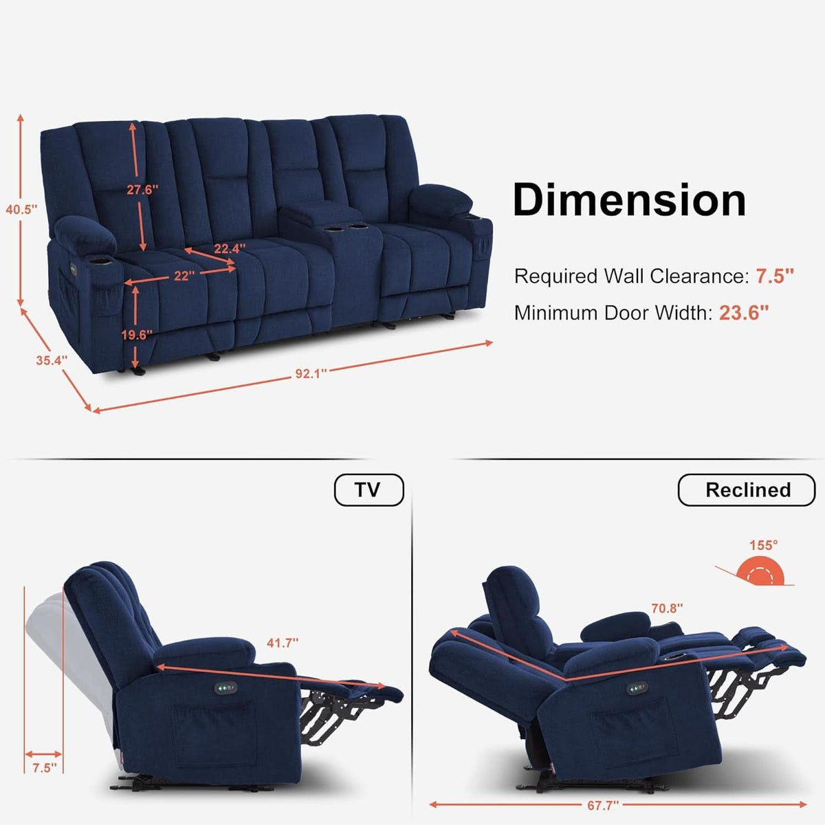 Navy Ultra Premium Zero Gravity Massage Recliner Sofa