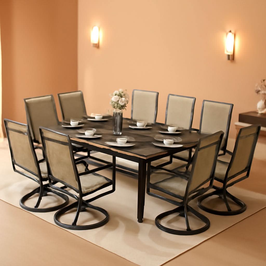Patio Furniture Set Table For 8 Grayish Brown Swivel Chairs