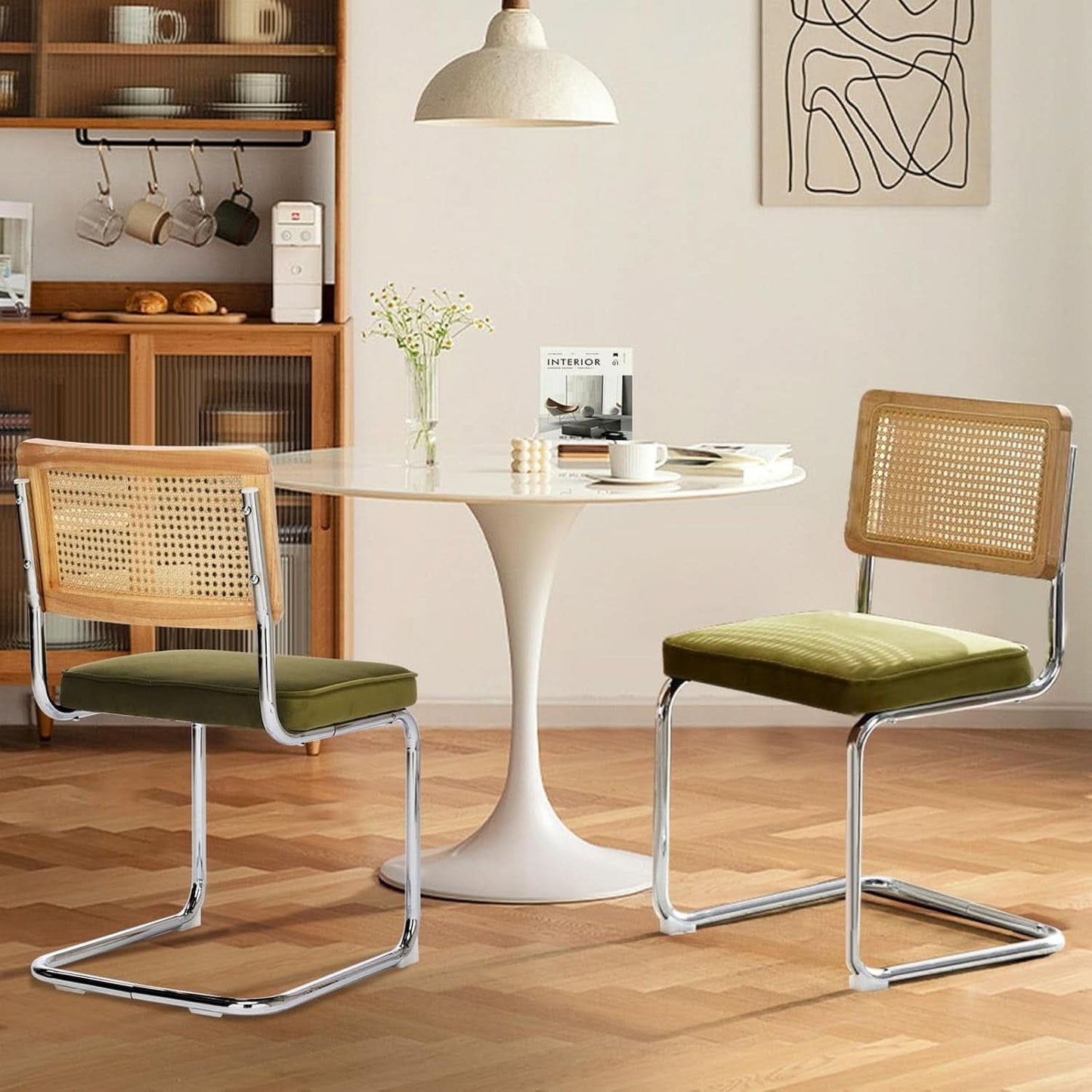 Rattan Dining Chairs Set Of 2 Green With Cane Back