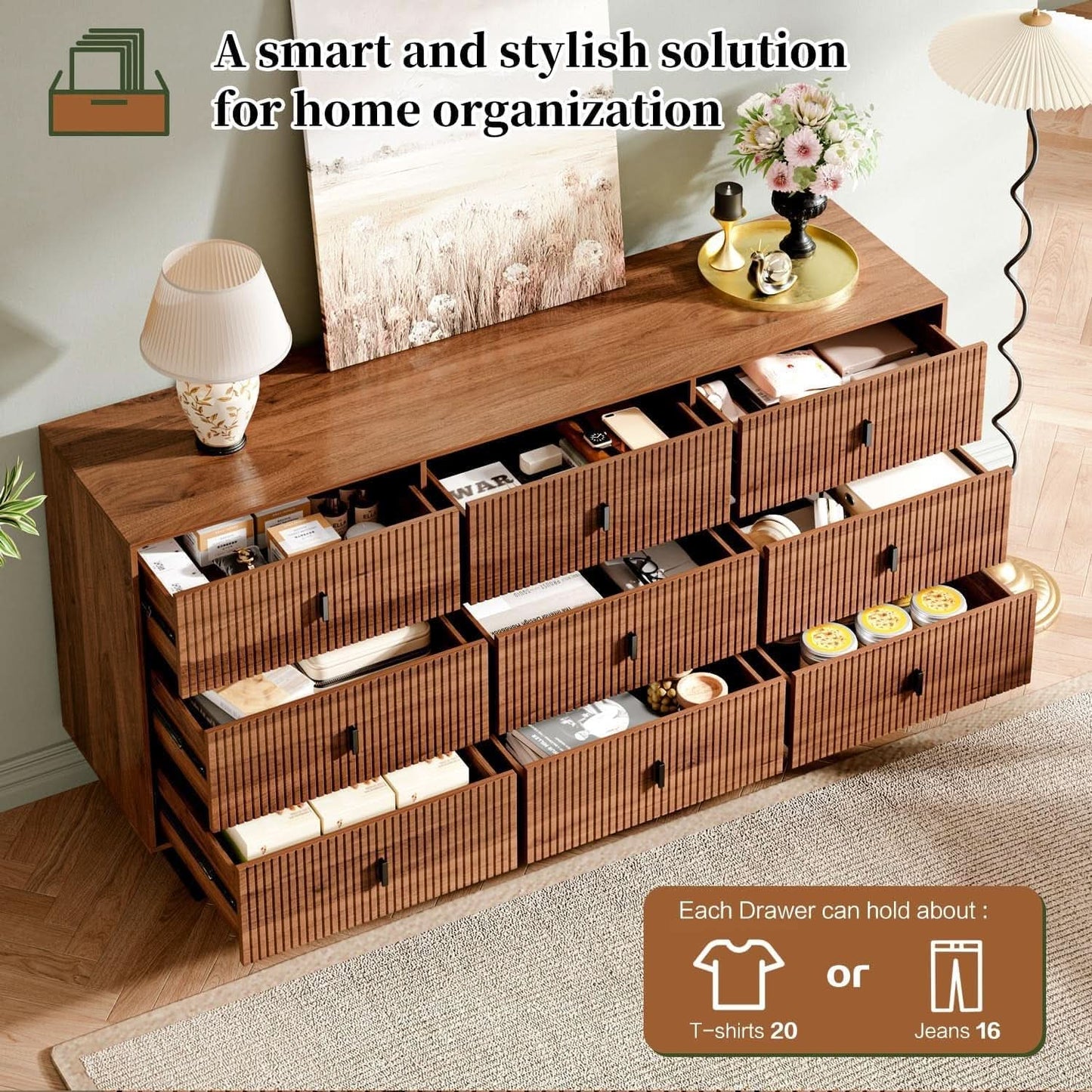 Walnut Nine Drawer Dresser Anti Tipping Reinforcement