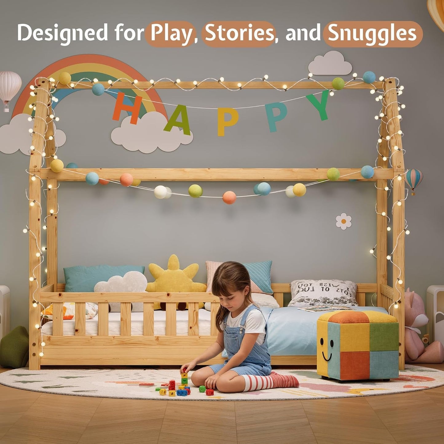 Twin Size Natural Wood Playhouse Style Bed Guardrails